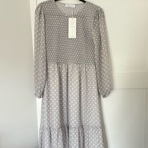 Jilly x Mad About You Grace Midi Dress, Grey Polka Dot, M *NWT*
